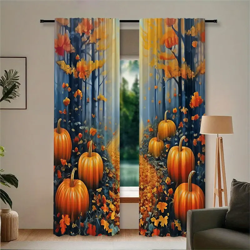 2 pieces of high-definition digital autumn forest pumpkin oil painting printed decorative curtains, Window Drapes, light filtering, privacy protection, hand-wash or machine-wash, suitable for home decor