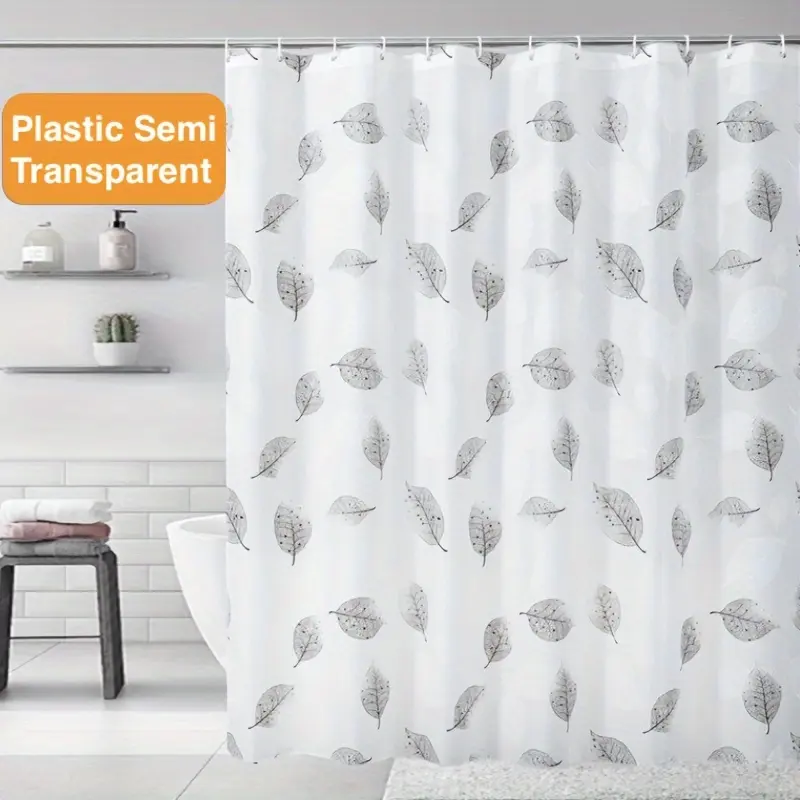 1-Piece PEVA Plastic Lightweight Leaf Motif & Grid Pattern Shower Curtain, Bathroom Partition Curtain with Metal Eyelets and Plastic Hooks, Home Bathroom Supply