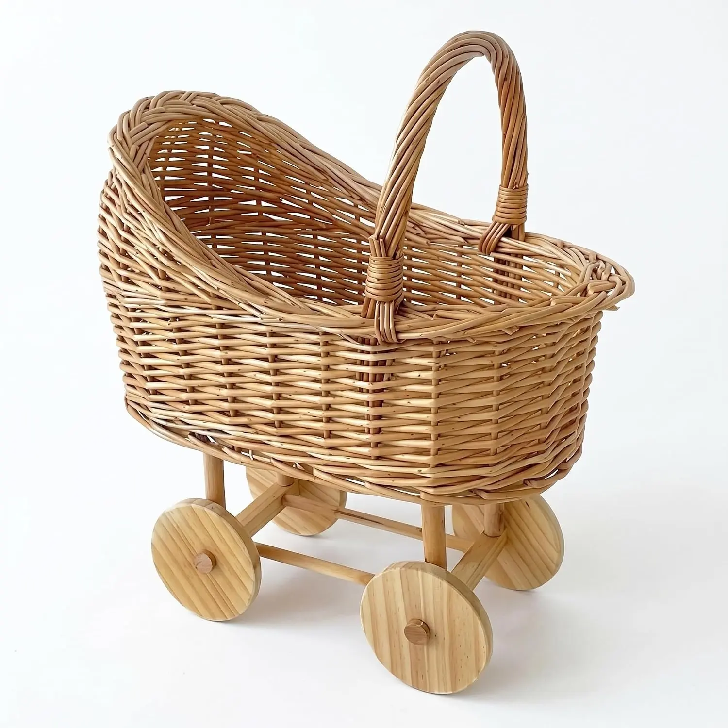 Woven Rattan Stroller-Shaped Flower Basket with Handle, Handwoven Decorative wicker baby carriage Basket for Baby Shower, Wedding, Party Decor, Floral Arrangements & Gift Hampers