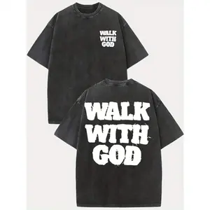 230g Heavyweight Washed Men's Graphic T-Shirt, Walk with God Inspirational Design, Double-Sided Distressed Print, Oversized Drop Shoulder Relaxed Fit, Round Neck Short Sleeve Light Green Lettering Tee, Summer Casual Streetwear