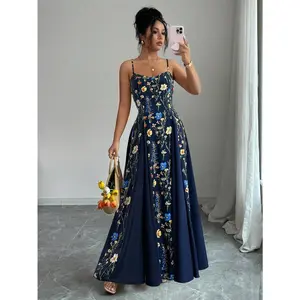 Spring/Summer New Elegant Navy Blue Long Floral Print Sleeveless Maxi Dress, Casual Resort Beach Swing Dress, Solid Color Fabric Patchwork, Suitable For Valentine's Day, Dates, Gatherings, Parties