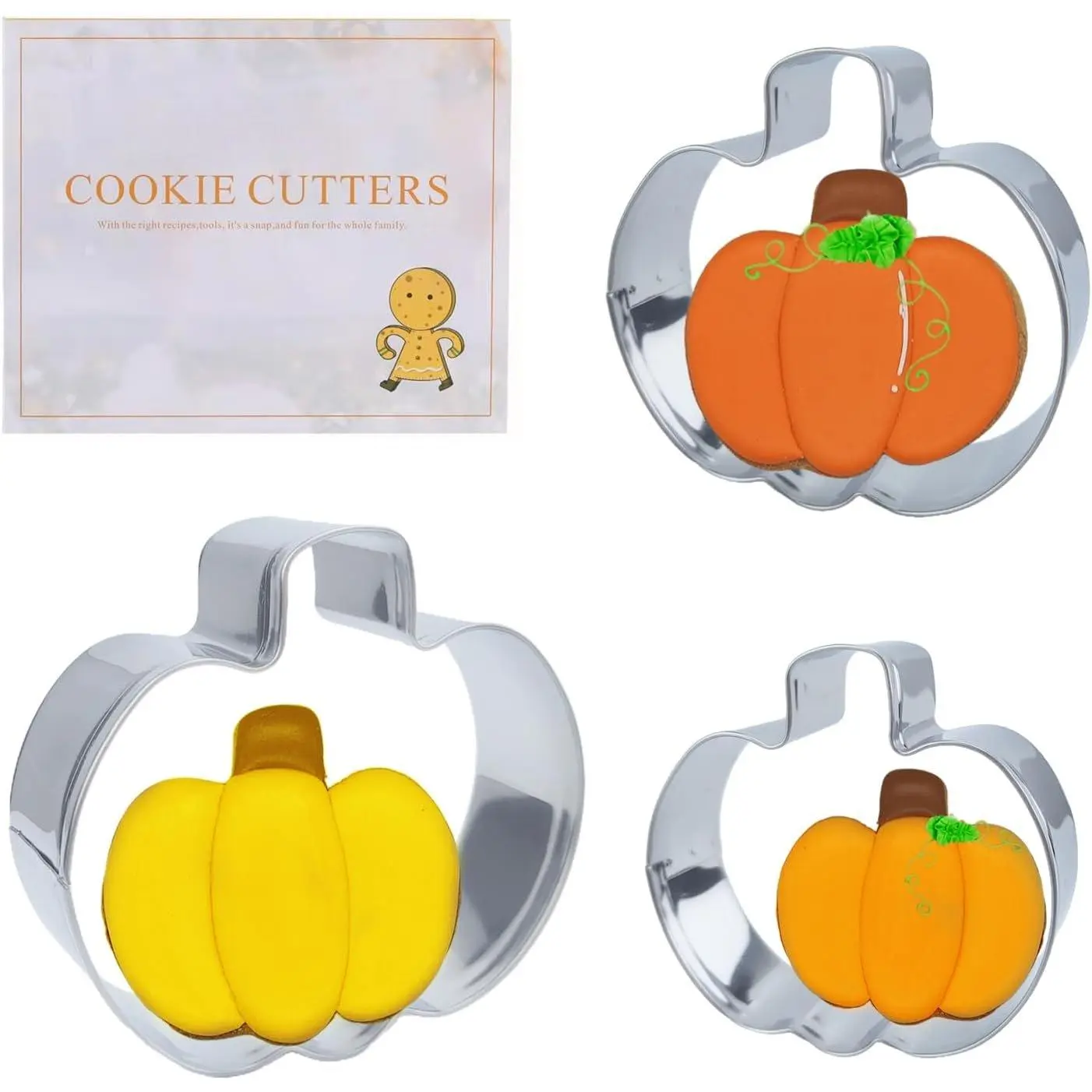 3 count Fall Pumpkin Cookie Cutters, 3.85", 3.2", 2.25"Halloween Thanksgiving Cookie Cutters for Harvest Holiday Decoration Party Supplies