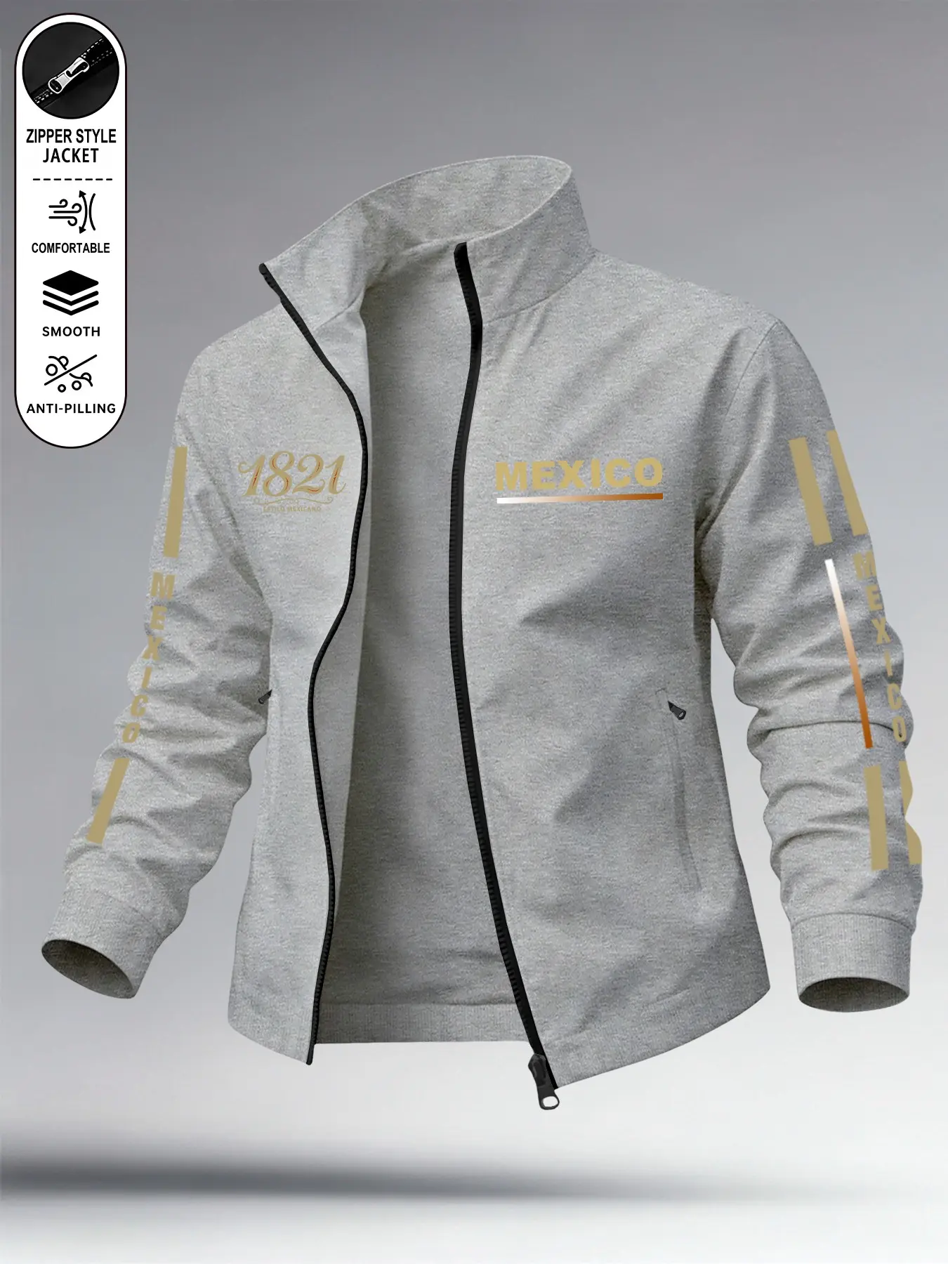 Mexico-1821 Gold Print Men's Jacket, Full Zipper Dual Pockets, Windproof Outerwear, Casual Style, All Seasons, Daily Commute, Short Trip, Long Sleeves, Coats