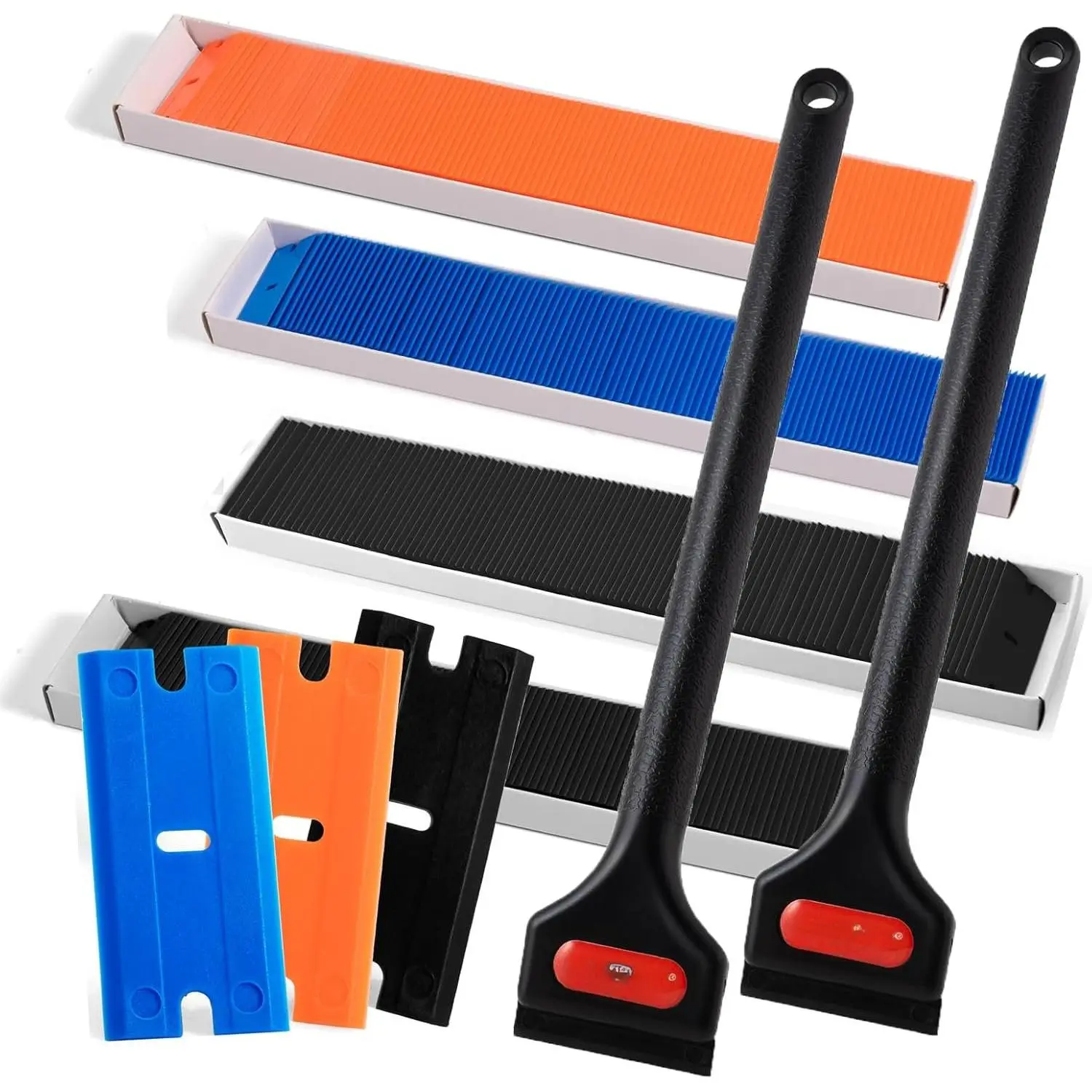 Grip Handle Razor Set with 2 Long Handle Plastic Scrapers & 400 Double-Plastic Blades for Vinyl Sticker Removal, Glue Cleaning