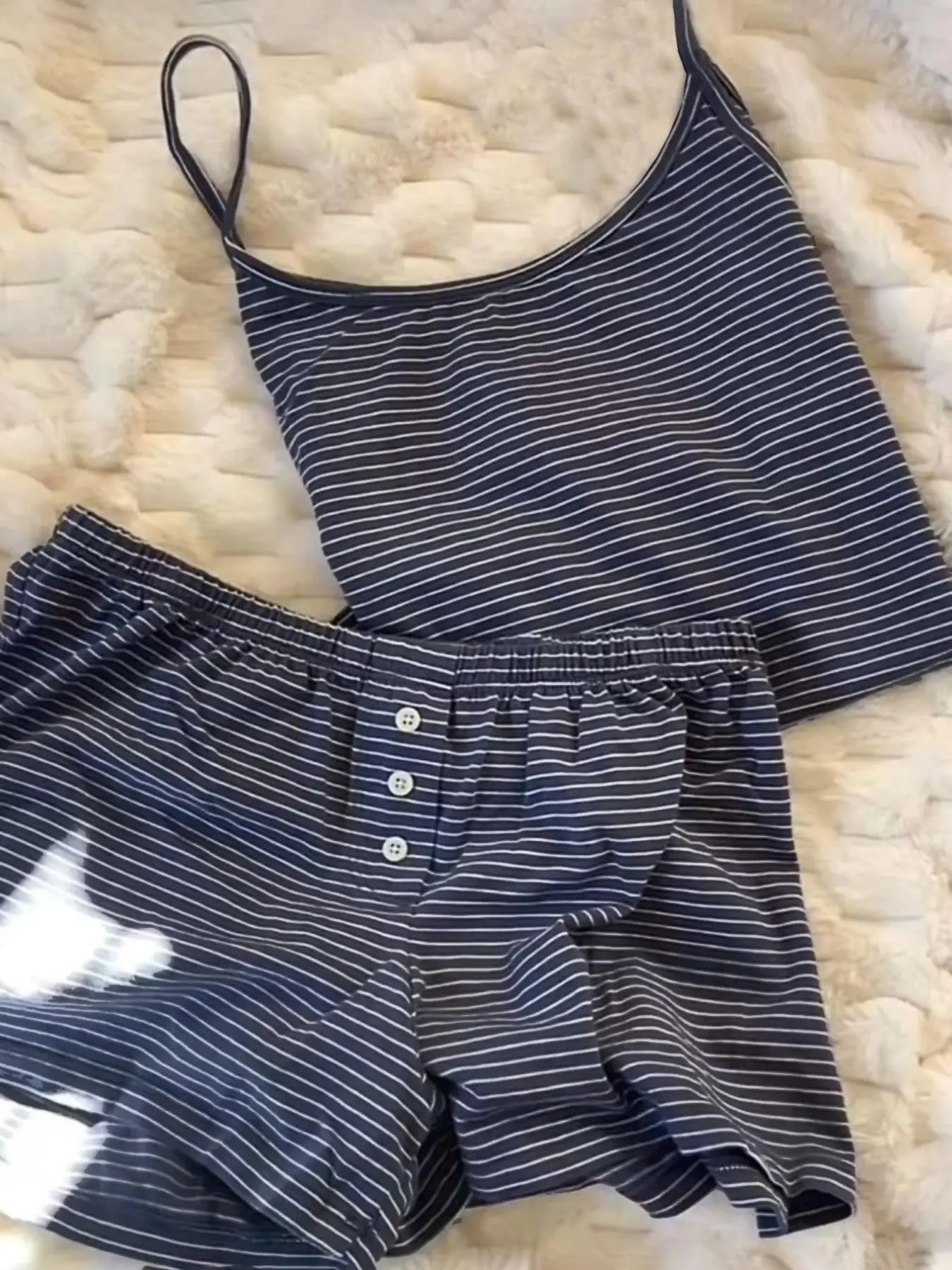 Striped Halter Tank Top Short Pants Set, Casual French Striped Home Wear, Slim-Fitting Cotton-Like Material, Ideal for Daily Relaxation