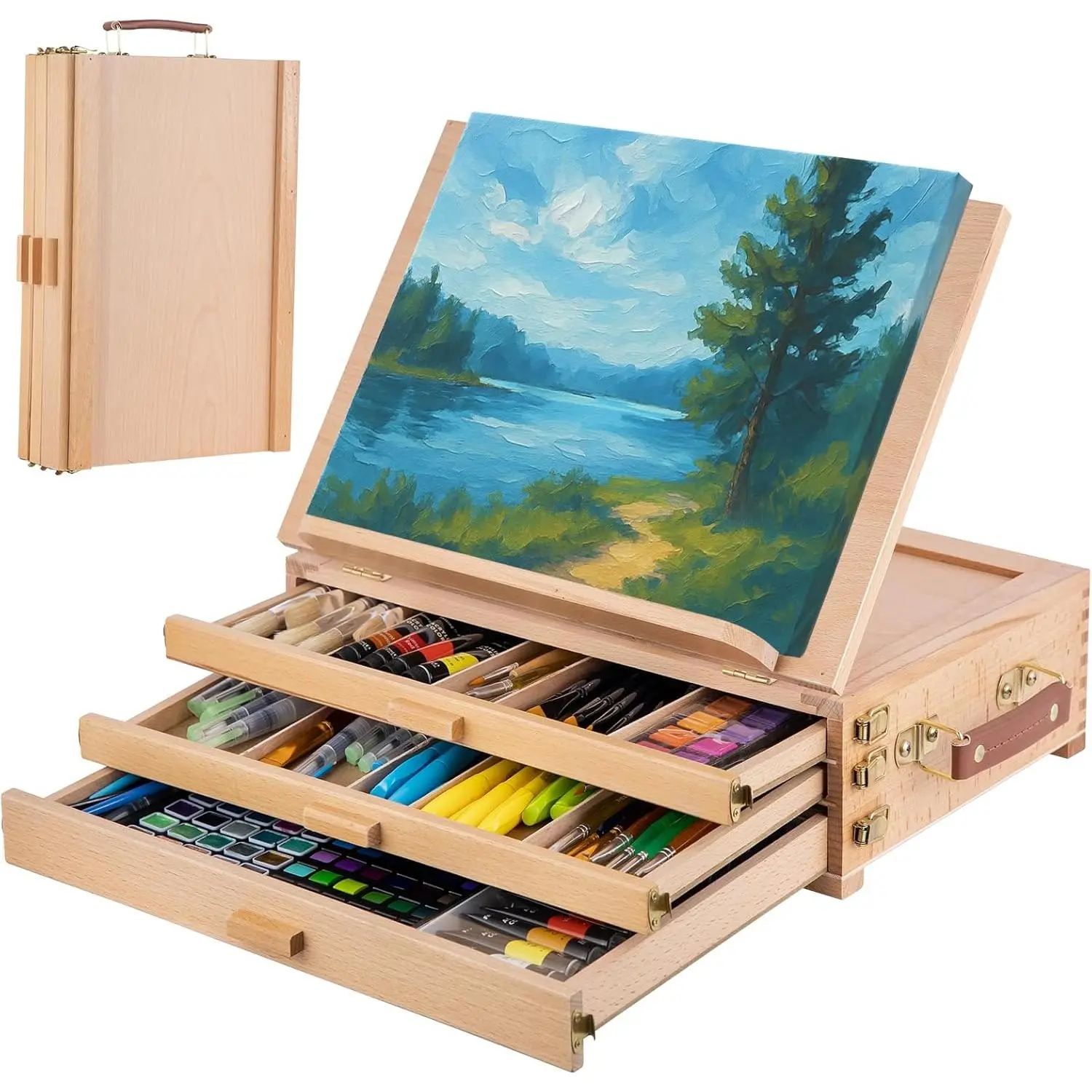 Table Easel with Sketch Box Storage, Portable Beechwood Desktop Art Easel with 3 Drawers, Adjustable Tabletop Painting Stand for Teens and Adults