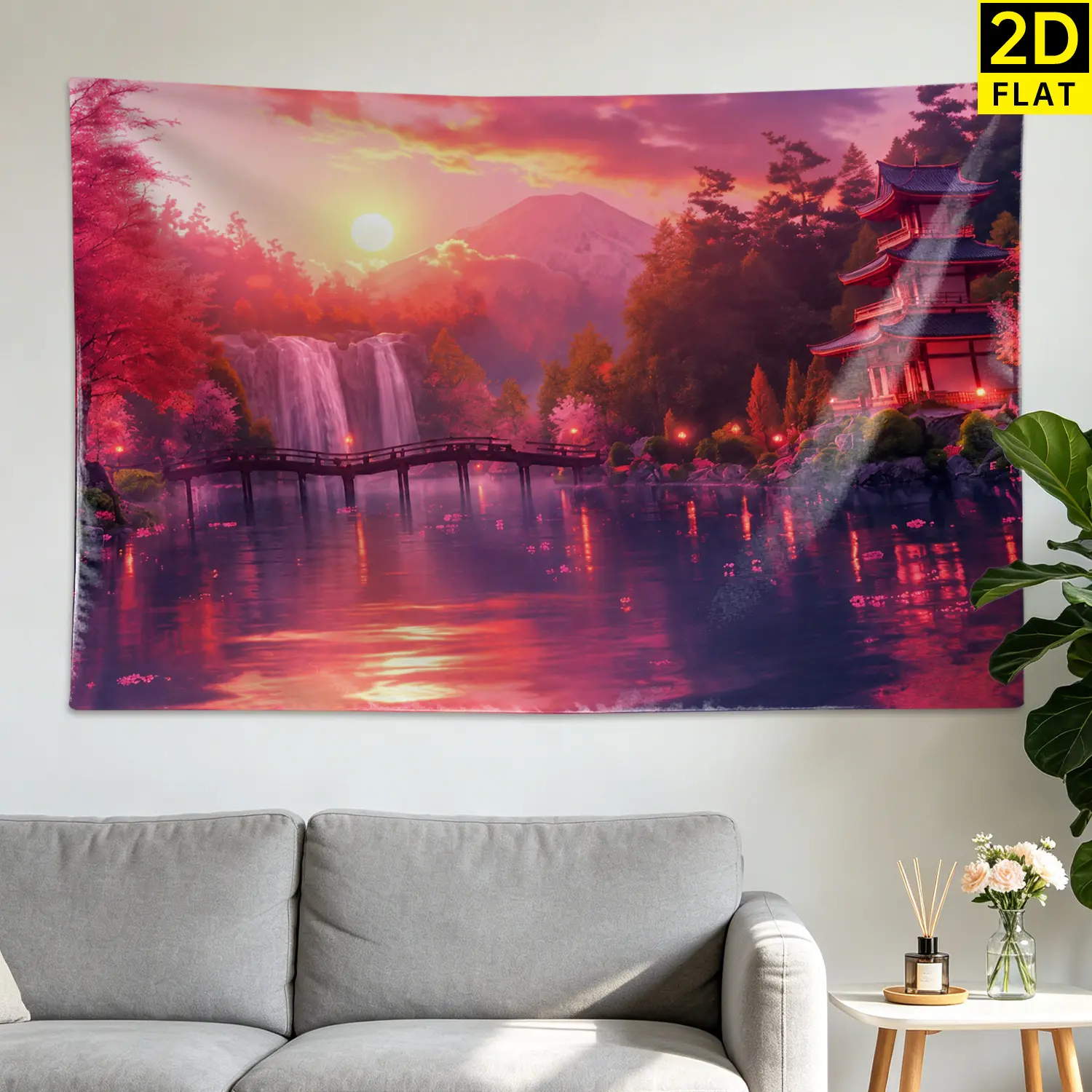Large Horizontal Pink Cherry Blossom Temple Mountain Waterfall Print Polyester Wall Tapestry - Hangable Home Decor Decoration, No-Installation Room Decorations for Bedroom, Dining Area Gift for Family