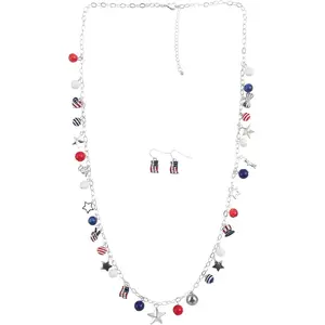 4th of July Necklace for Women| American Statue of Liberty Heart Star Uncle Sam Hat USA Bead Pandent Necklace| Independence Day Patriotic Earring Necklace Jewelry Set