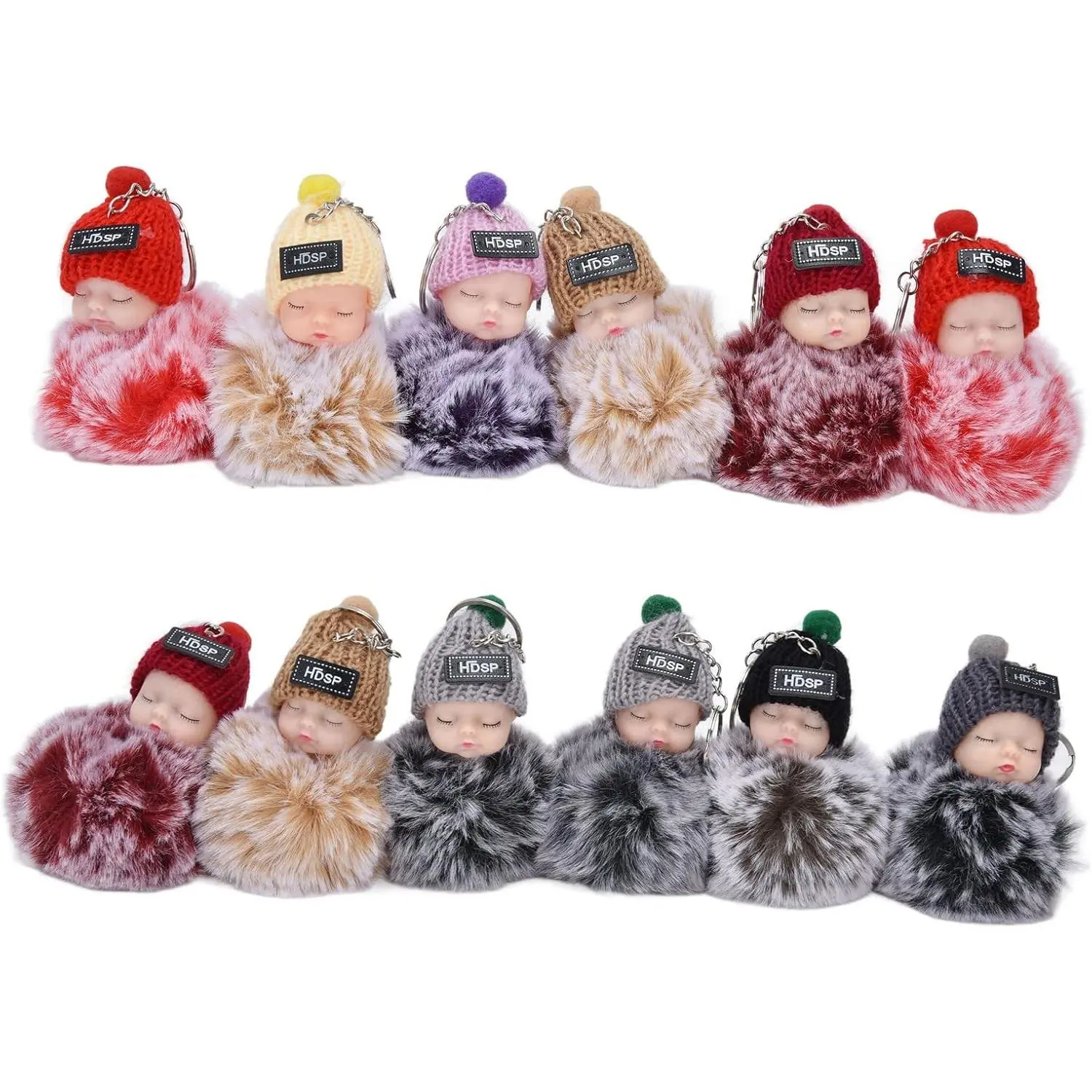 6 Pcs Doll Pom Keychain Fluffy Sleeping Baby Doll Flexible Limbs Cute with Knitted Hat Kids Birthday Christmas Gifts Handbag Pendant