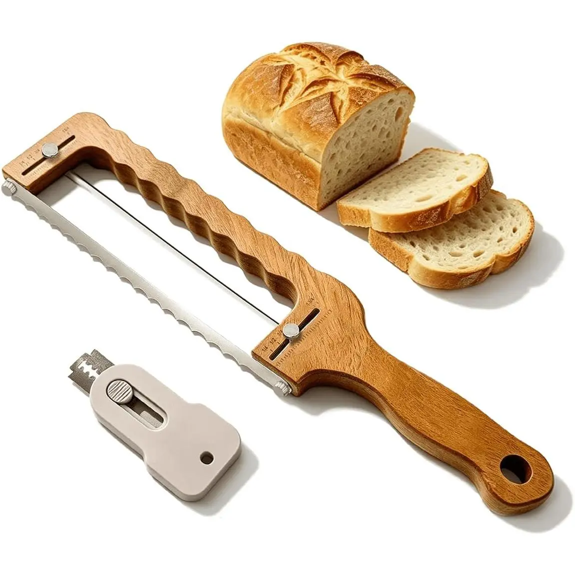 Solid Walnut  Bread Bow  & Bread Lame Set | Adjustable Bread Slicer for Even Slices, Ultra  Serrated Fiddler  for Artisan Sourdough, Homemade Loaves & Cakes,  Design