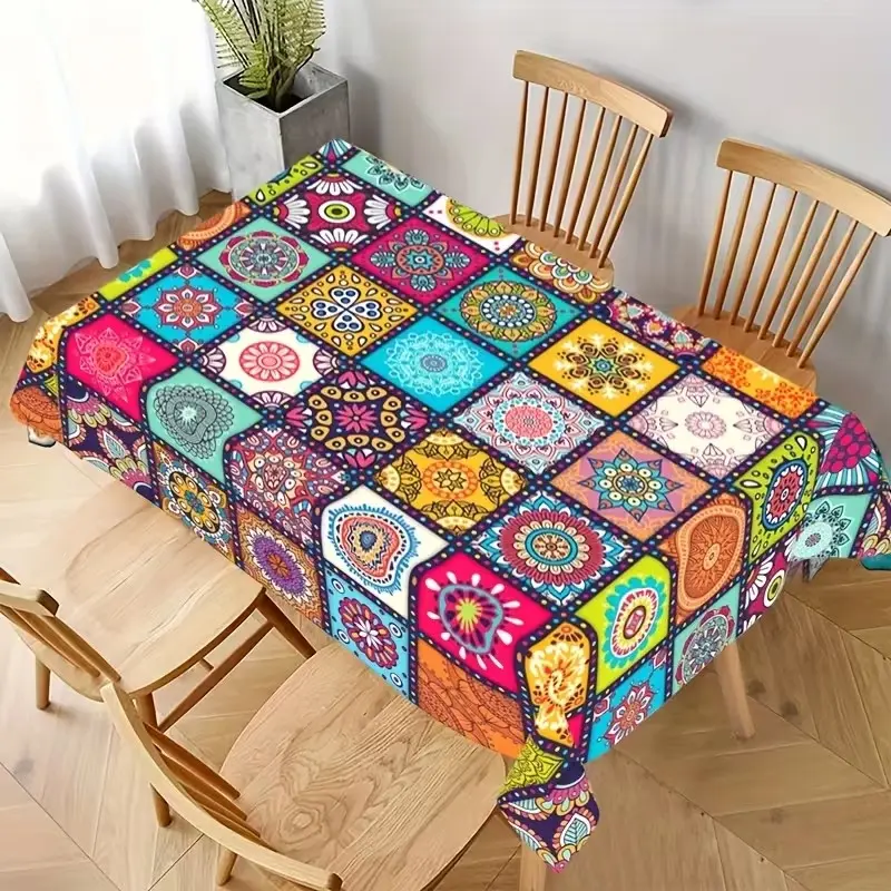 Boho Style Tablecloth, Colorful Patchwork Design, Indian Ethnic Festival Decor, Kitchen Dining Table Cover, Home Decoration
