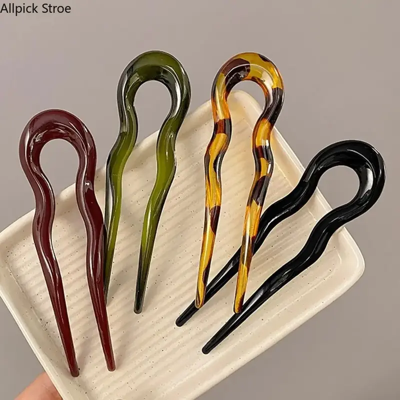 Women's 4PCS Plastic Tortoiseshell U-Shaped Acetate Hair Fork Sticks - Silicone-Enhanced Fashion Hair Accessories, Hairpins for Buns, Parties (TikTok Shop)