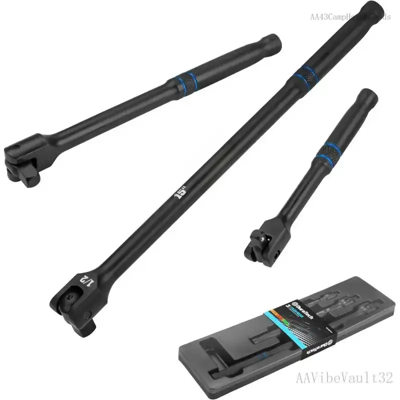 3 count Breaker Bar Set, 1/4", 3/8", 1/2" Drive, 180?Rotatable , 6", 10", 15" Length, Premium Chrome Alloy Made, BlackAAVibeVault32AA43CampHavenGoods, Rotatable Head