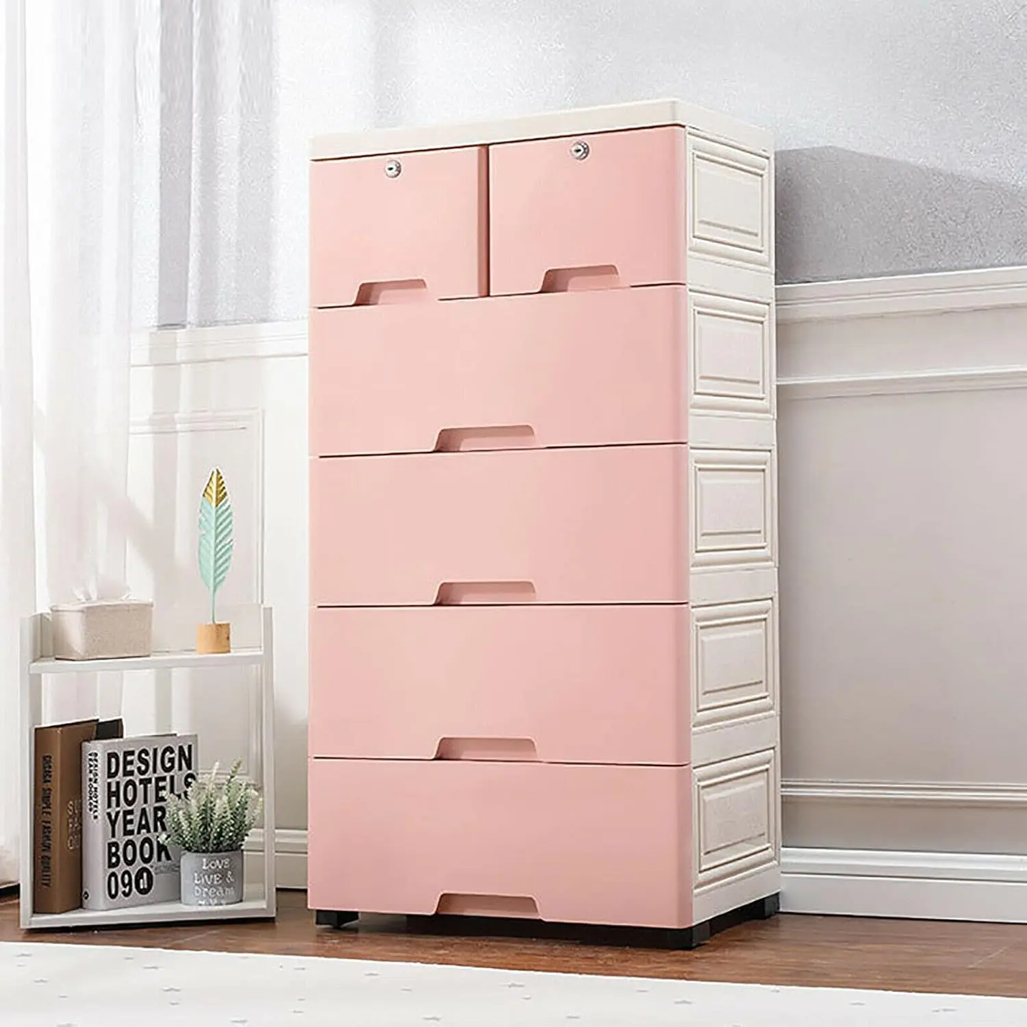 6 Drawer Dresser Vertical Cupboard Cabinet Plastic Dresser Storage with 4 Wheel and 4 Large Drawers and Top 2 Small Cabinets Locker(With Keys) for Closets Bedrooms Nurseries Playrooms and More (Pink), 102*50*34.8Cm/40.2*19.7*13.7In