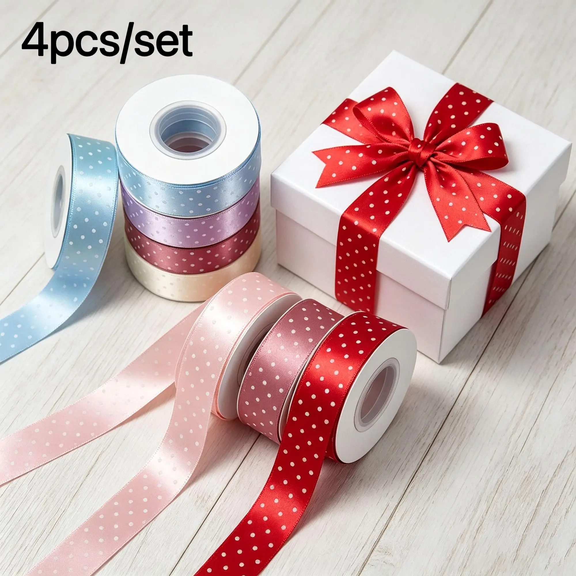 4 Rolls Polka Dot Satin Ribbon, 1 Inch X 25 Yards Per Roll, Blue Rose Color, Extra Long Ribbon for Gift Wrapping and Bouquets
