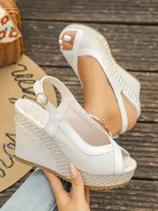 European Style Summer Women's Cross Strap Fish Mouth Wedge Sandals, Straw Thick Sole Waterproof High Heel Beach Shoes, Casual Vacation Footwear
