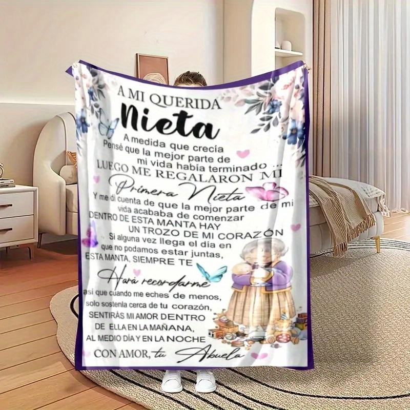 Spanish Flannel Throw Blanket with Granddaughter Letter Print - 280GSM Cozy All-Season Blanket for Couch, Car, Office & Travel