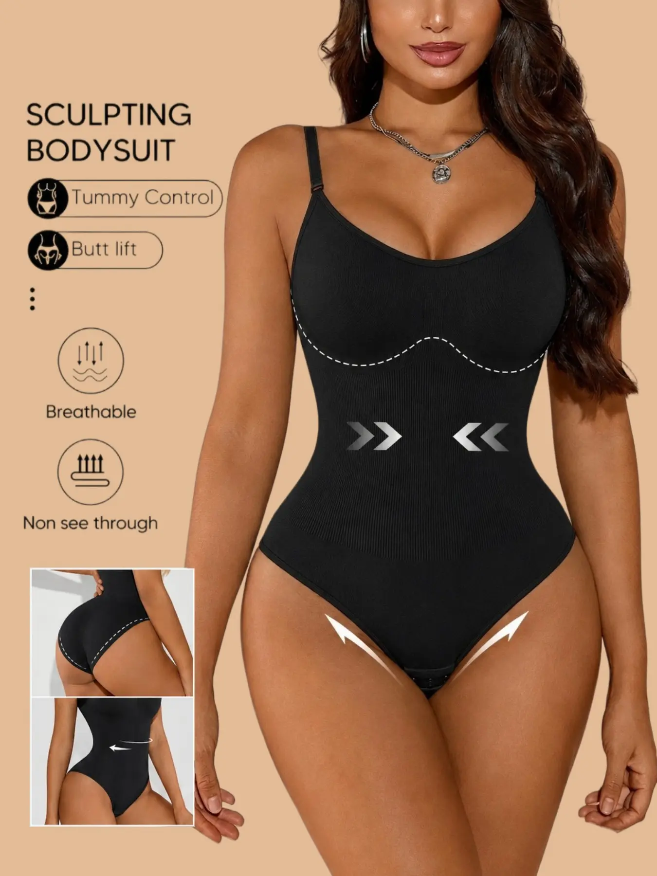 1 Count Women's Adjustable Slim Shoulder Strap Design Compression Shapewear Bodysuit, Fajas, High Elasticity Skin Friendly And Breathable Fabric Body Shaperwear, Solid Color Comfortable Seamless Jumpsuit, Perfect For Daily Wear & Office Use