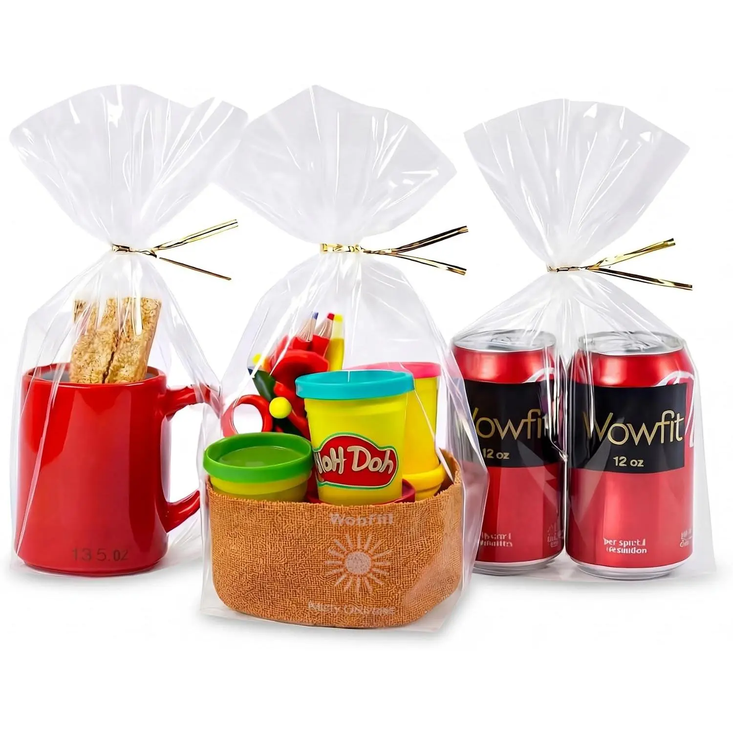 50 CT 8x12 Inch Clear Flat Cellophane Treat Bags with 6” Gold Twist Ties, Cello Packaging for Mugs, Dessert, Muffins, Party Favors and Gift Wrapping