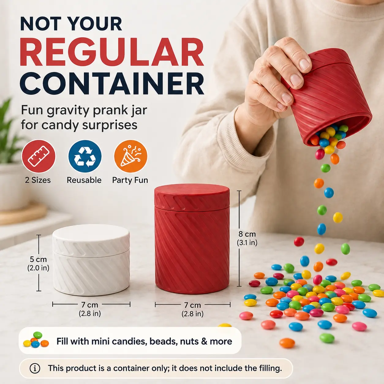 Gravity Prank Candy Container, Funny Trick Jar for Mini Candies, Chocolate Pieces, Beads & Small Nuts, Reusable Surprise Gag Gift Container for Parties, Office & Family Fun