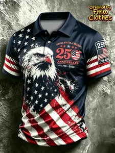Patriotic American flag men's buttoned polo shirt with bald eagle print, commemorating the 250th anniversary of the American Revolution (1776). A polo shirt gift for July 4th, 2026.