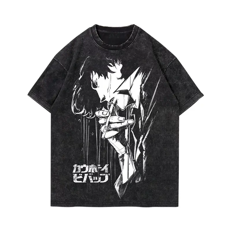 Vintage Washed Distressed Cowboy Bebop Spike Spiegel Anime Graphic T-Shirt Men Women Heavyweight Cotton Short Sleeve Tee Retro Japanese Manga Print Oversized Crew Neck Top Grunge Streetwear Hip Hop Casual Daily Trendy Fashion Statement Shirt