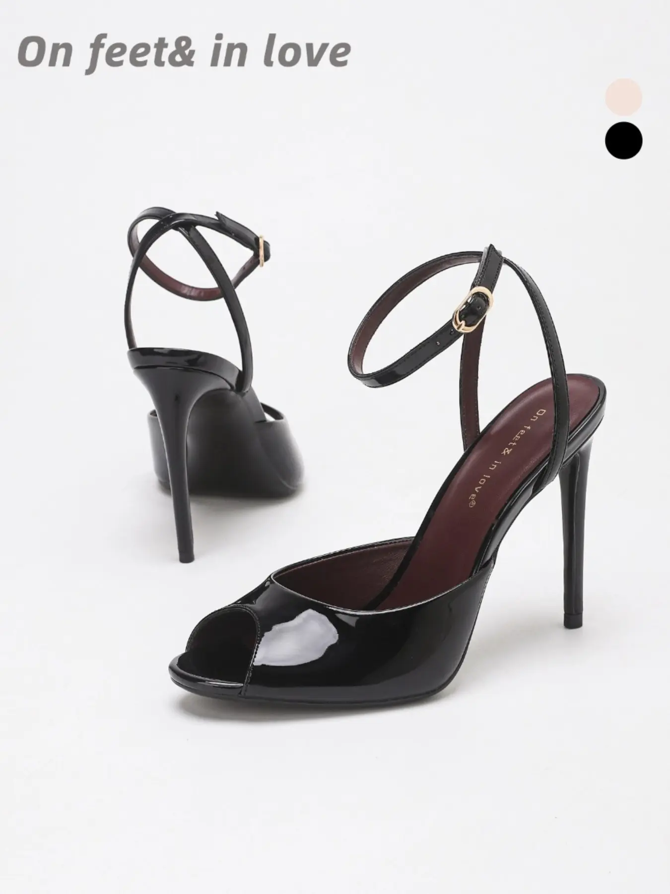 Women's All Sizes Black Glossy Patent Leather Peep Toe Ankle Strap Stiletto Heel Elegant Sandals, Adjustable Buckle Non Slip Cushioned Secure Fit Dress Heels for Office Work Date Night Cocktail Party Wedding Guest Formal Outfits