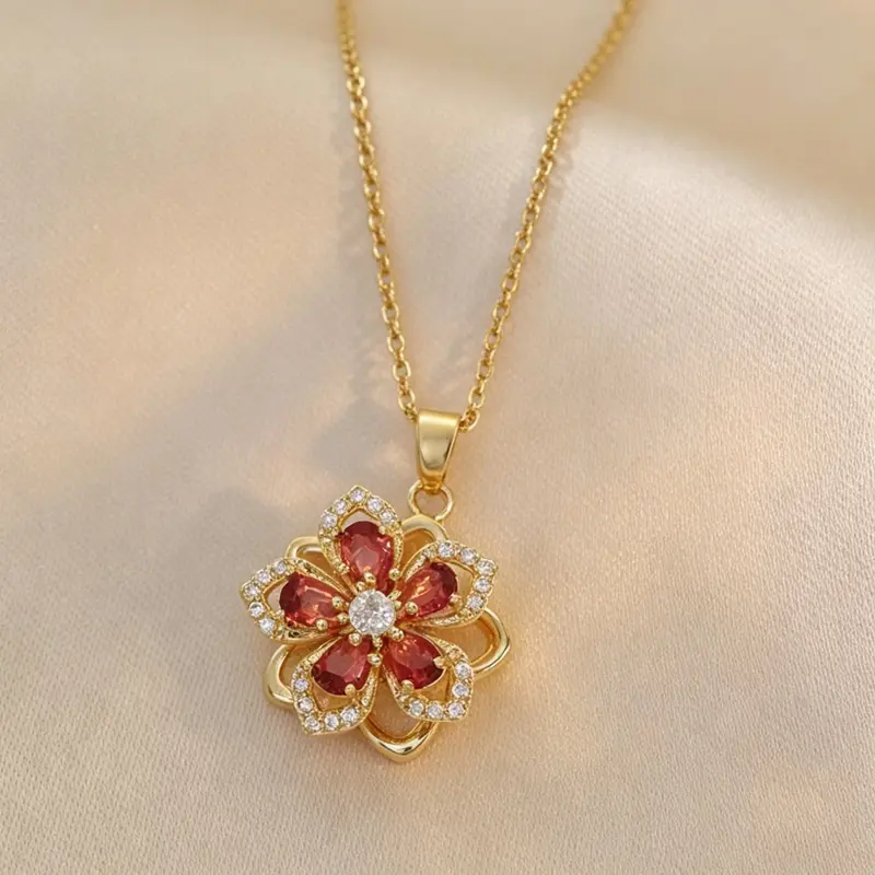 Crystal Five-Petal Flower Rotating Vintage Luxe Style Rhinestone Petal Pendant Adjustable Chain Decorative Accessory Necklace Casual All-Season Jewelry
