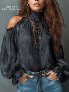 Women's Vintage Off-Shoulder Paisley Pattern Shirt Top, Elegant Retro Design, Perfect for Casual & Formal Wear, Unique Fashion Piece