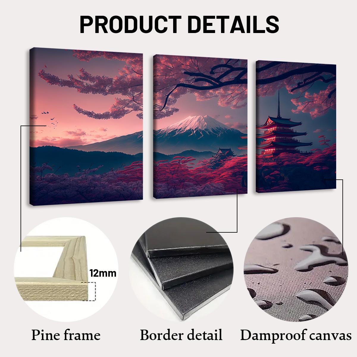 Wooden Framed Canvas Painting, 1-3 Counts/set Water Proof Japanese Style Scenery Canvas Poster, Modern Art Wall Decoration, Home Wall Decor