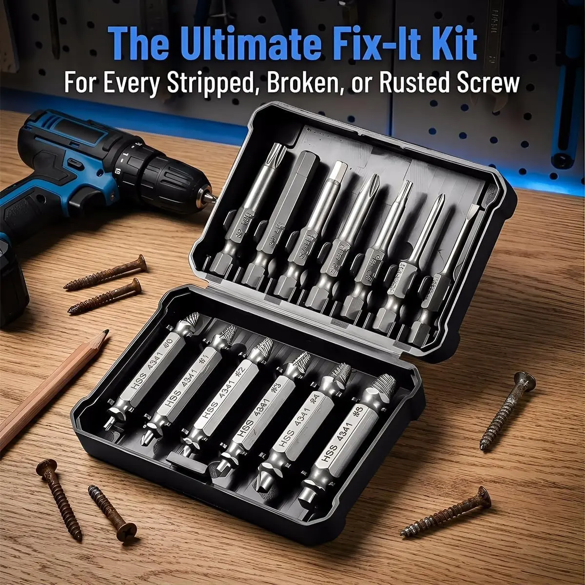 13Pcs Damaged Screw Extractor Set with Case, Broken Bolt Extractor, HSS 4341 Stripped Bolt Remover & S2 Screwdriver Drill Bits Kit, Dismantling Screwdriver Kit, Screwdriver Sets