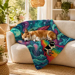 1PC Summer Quilt Alien UFO Cow Cosmic Fantasy Art Style Single-Sided Printed Lightweight Breathable Soft Cooling Blanket, Gift for Bedroom, Sofa, Dorm, Nap Time & All-Season Home Use
