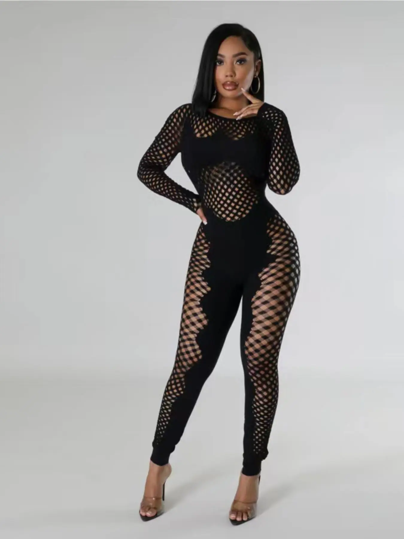 Women Long Sleeve Wavy Patch Fishnet Full Length Cover Up, Solid Panel Hollow Mesh Layer Outfit, Stretch Slim See Through Swim Outerwear for Beach Club Street Summer Party Vacation, One Size Fits All