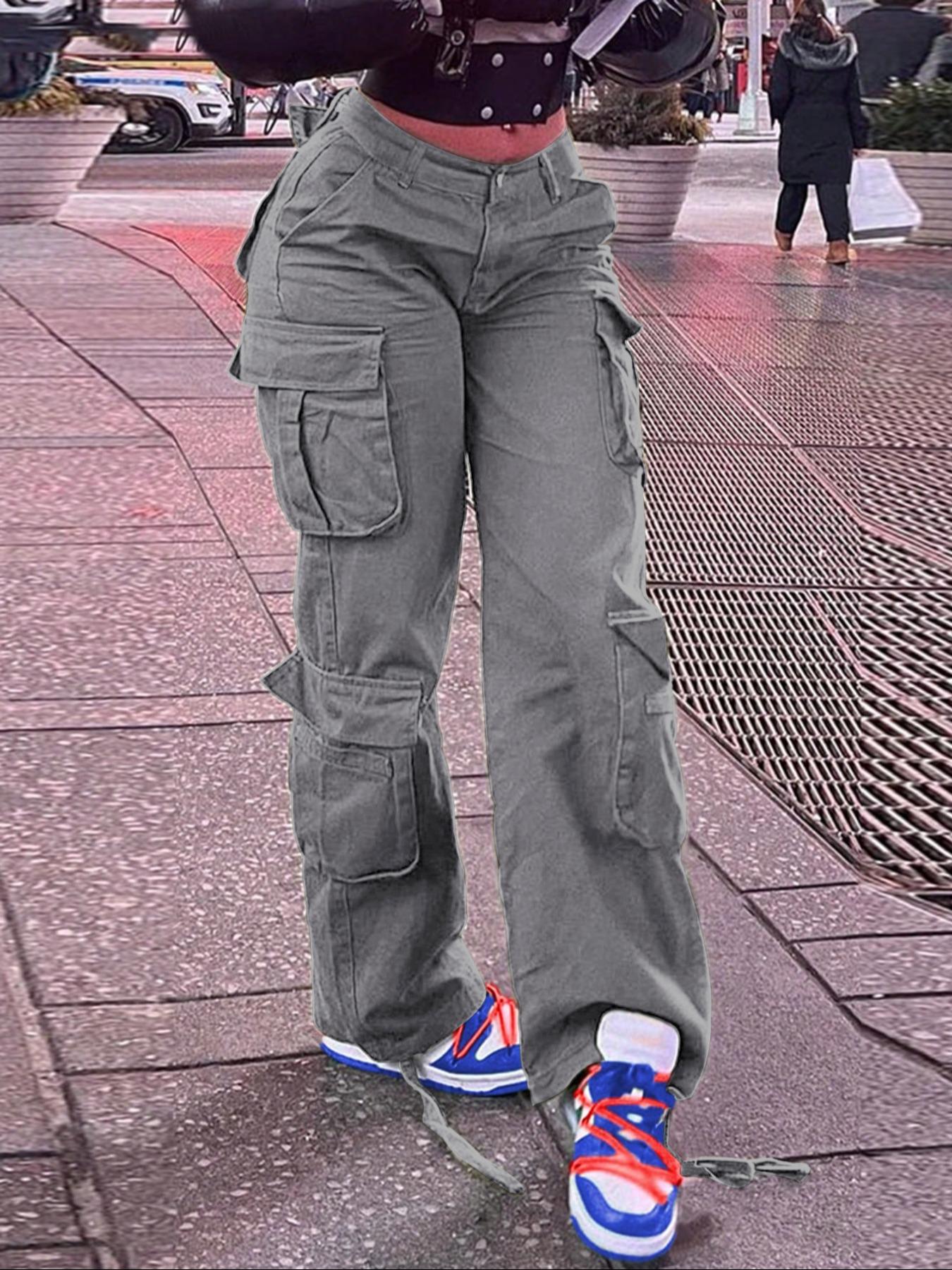 Women's Plain High-Waisted Cargo Pants with Pockets and Drawstring, Fashion Y2K K-Pop Style Streetwear Trousers for Daily Wear, Ladies' Baggy Pants for Fall & Winter