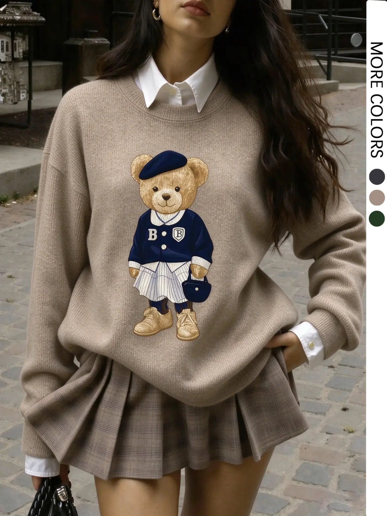 Women's Cartoon Bear Graphic Knit Sweater Crew Neck Long Sleeve Loose Fall Casual Top