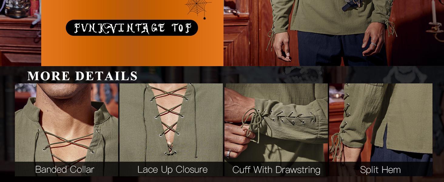 PASLTER Mens Medieval Pirate Shirt Steampunk Renaissance Viking Retro Long Sleeve Lace Up Mercenary Halloween Costume Tops Menswear Clothing