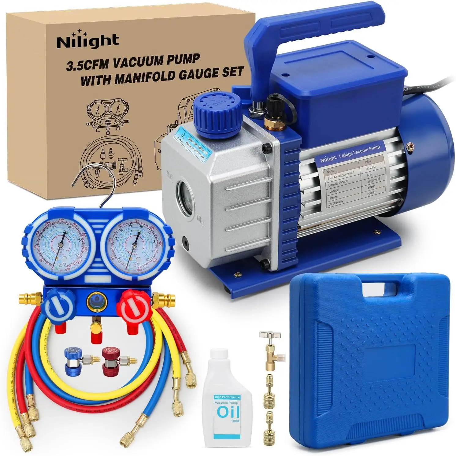 Nilight 3.5 CFM 1/4 HP 110V Single Stage AC Vacuum Pump & Oil-Included Manifold Gauge Set for Car AC R22 R404a R134a R410a, Automotive Refrigerant Recharging & Vacuuming Servicing Kit, All-Copper, Oil Sight Glass, R22/R410a, 3.5 Cfm Flow