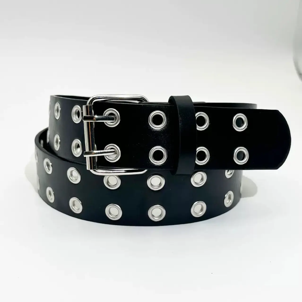 Y2K Studded Belt For Women, Black Grommet Punk Belt With Silver Metal Buckle, Alternative Streetwear Fashion Accessory For Jeans, Skirts, Concert And Festival Outfits