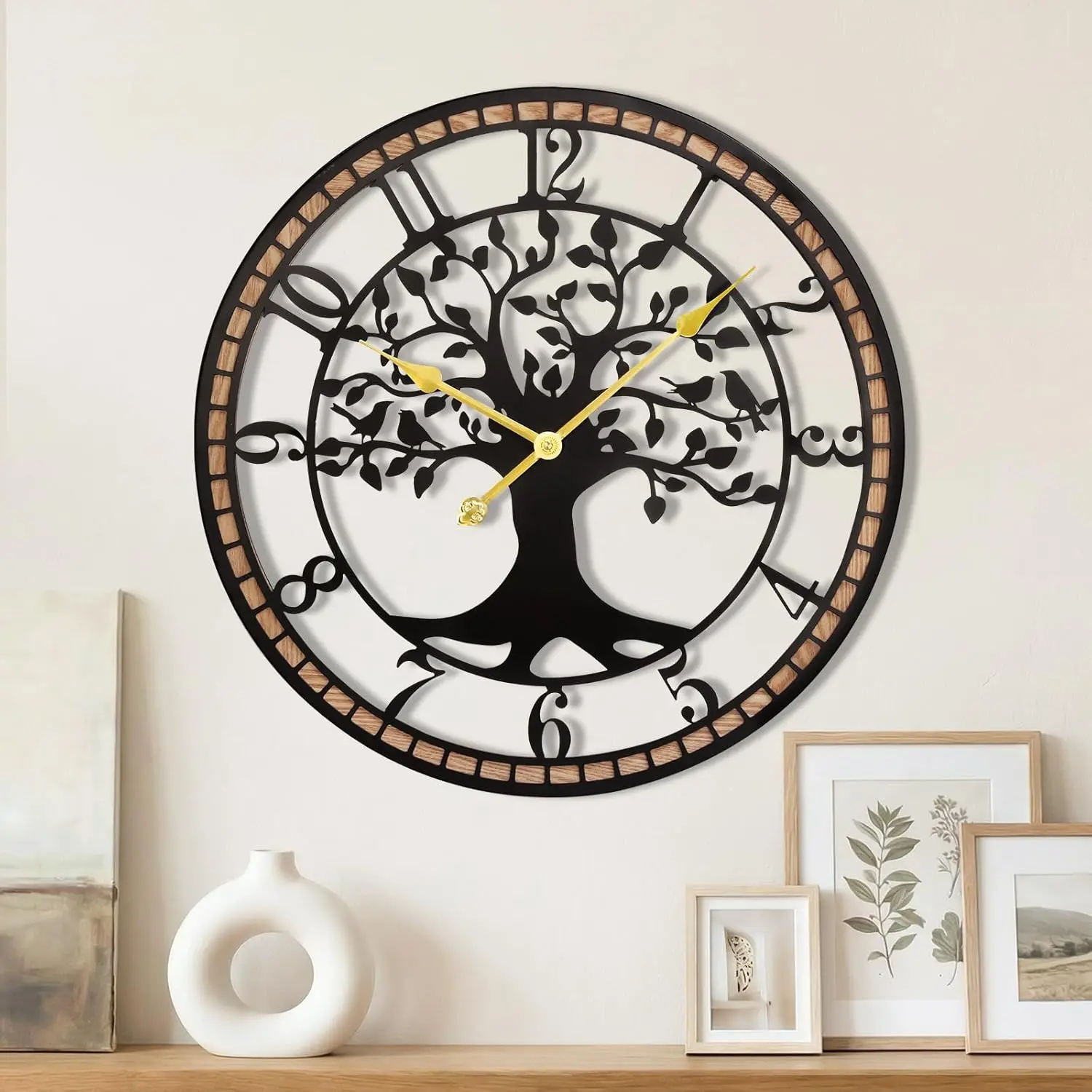 Large Wall Clock,20" Tree of Life Metal & Wood Wall Clock with Bird Design,Decorative Non-Ticking Wall Clock for Living Room,Farmhouse Home Decor