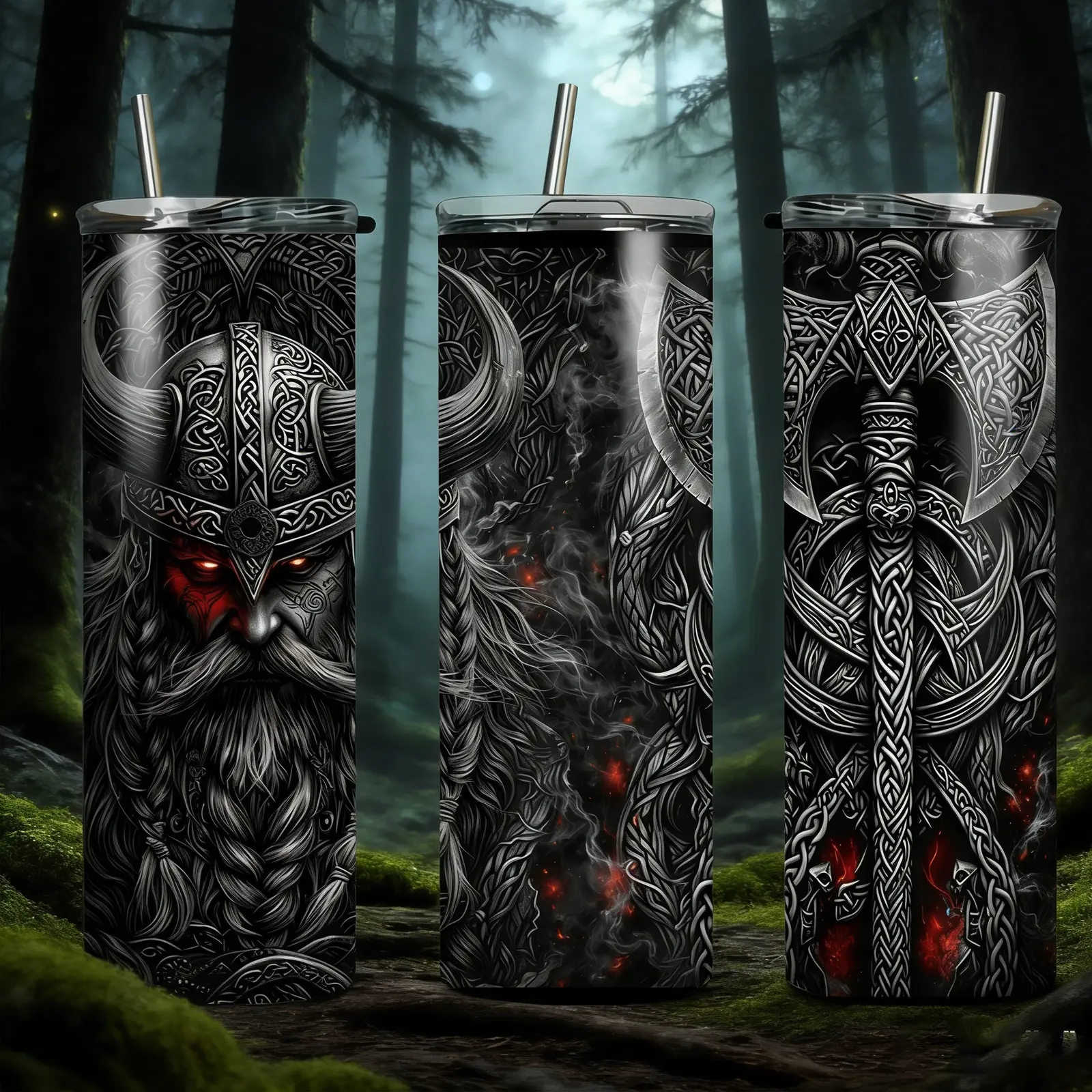 1 mikenda 20oz stainless steel straw thermos cup | Viking Warrior Tomahawk dark Nordic style pattern, double-layer vacuum insulation thermos cup, a good choice for Father's Day and birthday gifts, suitable for home and kitchen use.