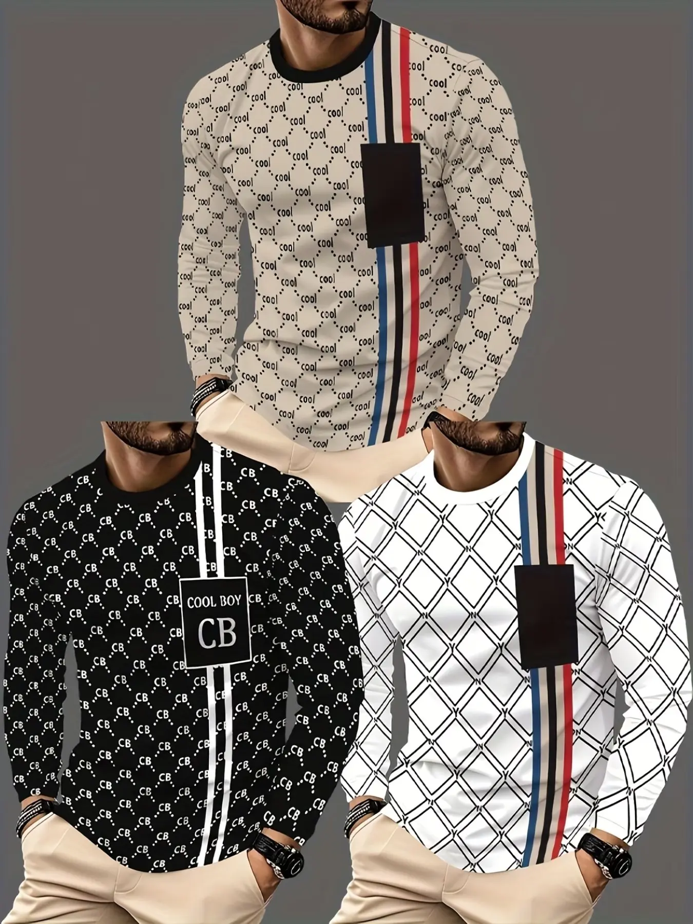 3-Pack Men's Trendy Casual Long Sleeve Shirts Print, Perfect for Daily Wear, Versatile and Ideal Gift, Comfortable and Stylish Design Casual Streetwear Style Menswear Tops