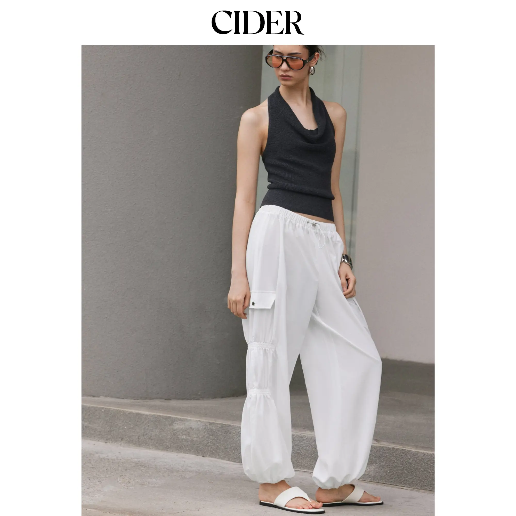 Cider Mid Rise Ruched Drawstring Cargo Jogger Trousers