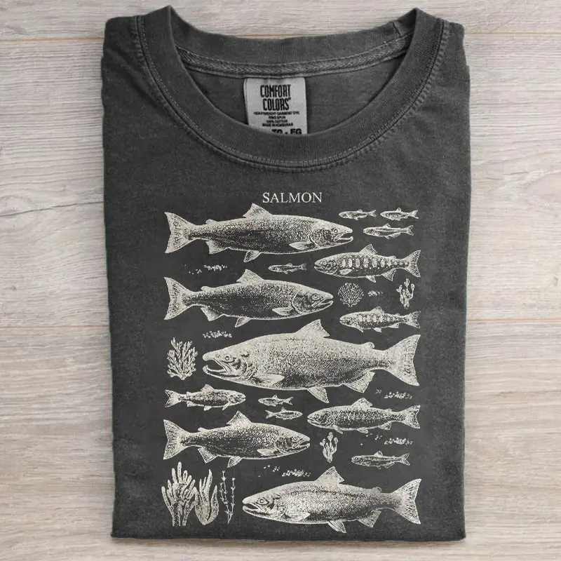 Women Vintage Washed Short Sleeve T Shirt Salmon Fish Graphic Crewneck Top for Fishing Lovers Casual Outdoor Camping Summer Daily Wear Soft Comfortable Cotton Tee