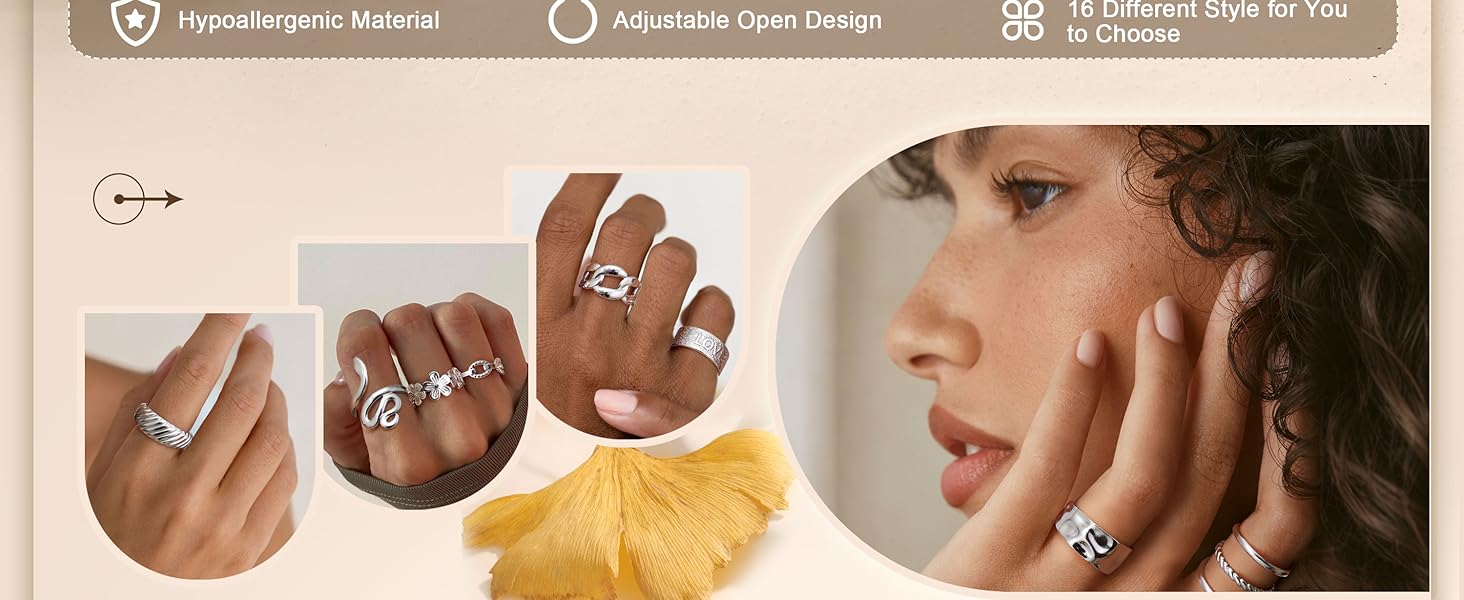 LOLIAS 16Pcs Stainless Steel Rings for Women Chunky Silver Rings Non Tarnish Stackable Ring Open Adjustable Thumb Finger Statement Rings Set