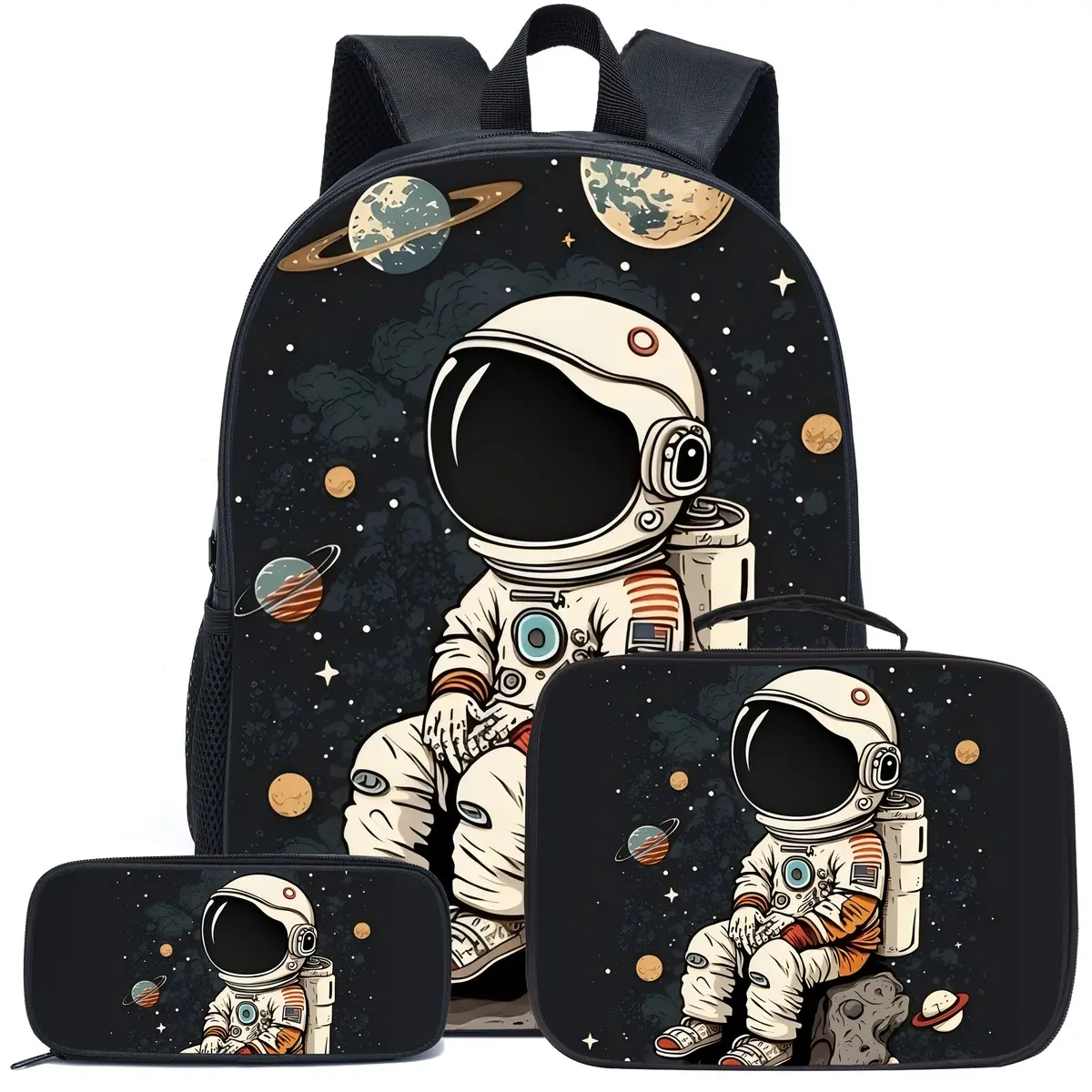 3-Piece Astronaut Space Backpack Set for Kids, Galaxy School Bookbag with Lunch Bag & Pencil Case, Back to School Travel Bag for Boys and Girls
