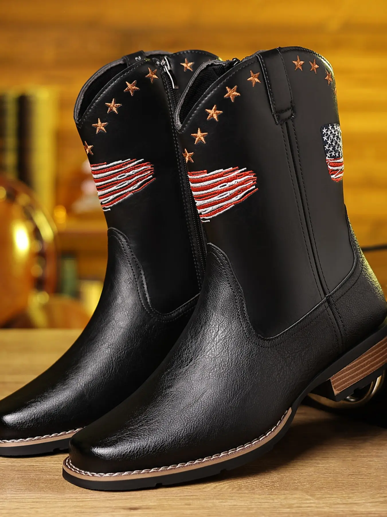 0803 Star Flag Embroidered Western Cowboy Boots, American Vintage Street Style, Wide PU Leather, Spring & Fall Casual Boots, Cowboy Ankle Boots