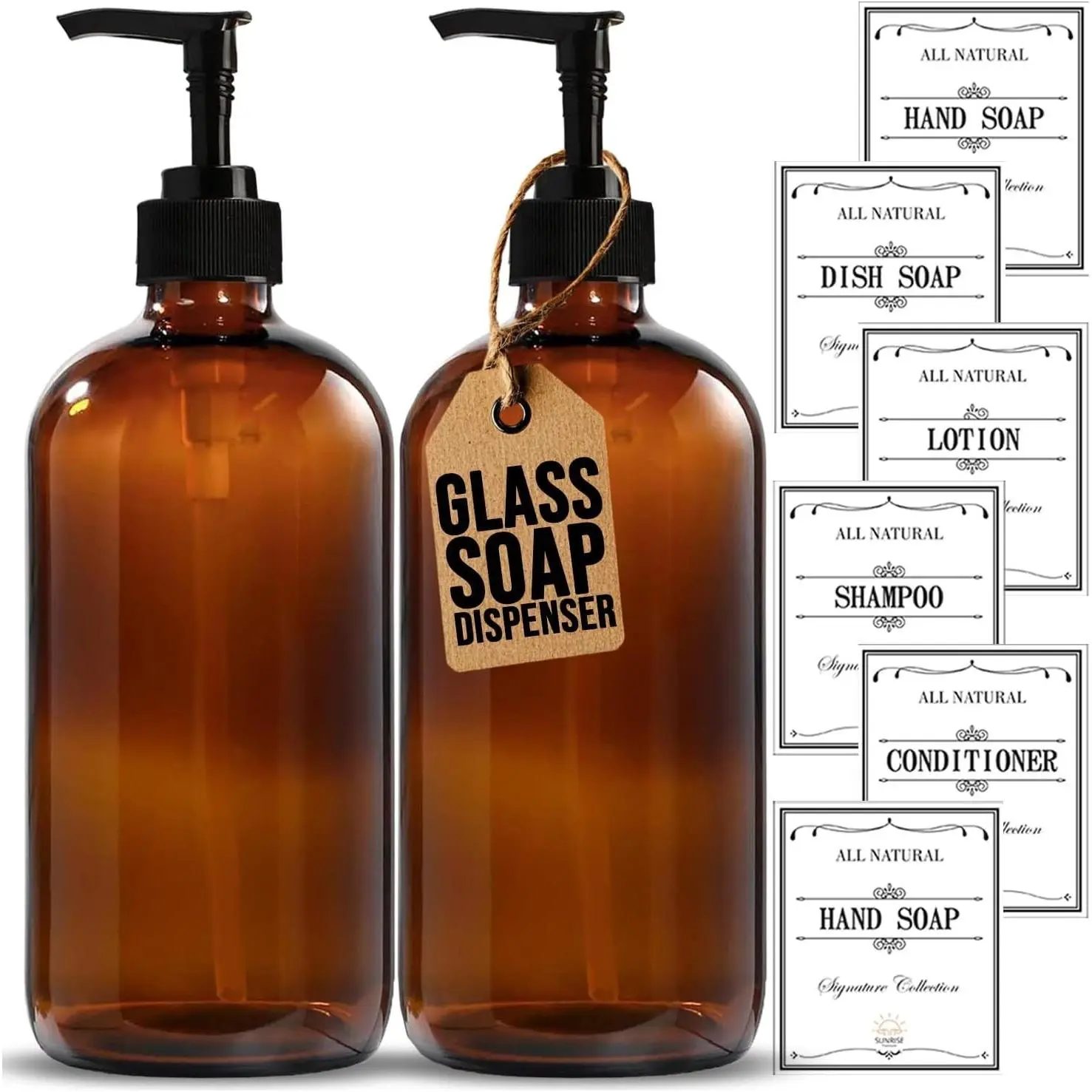 Premium 2 Pack 16 OZ Thick Amber Glass Soap Dispenser with Pump, Hand & Dish Soap Dispenser Set for Bathroom, 6 Waterproof Labels Included
