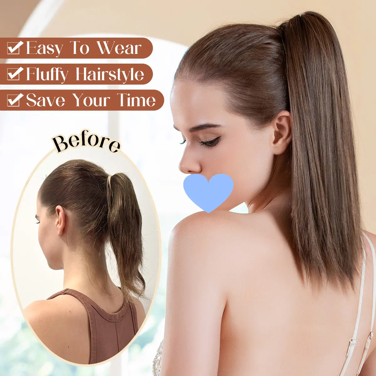 Export Ponytail Wig for Women – Clip-In Long Straight Natural High Ponytail, Heat-Resistant Synthetic Fiber Wig