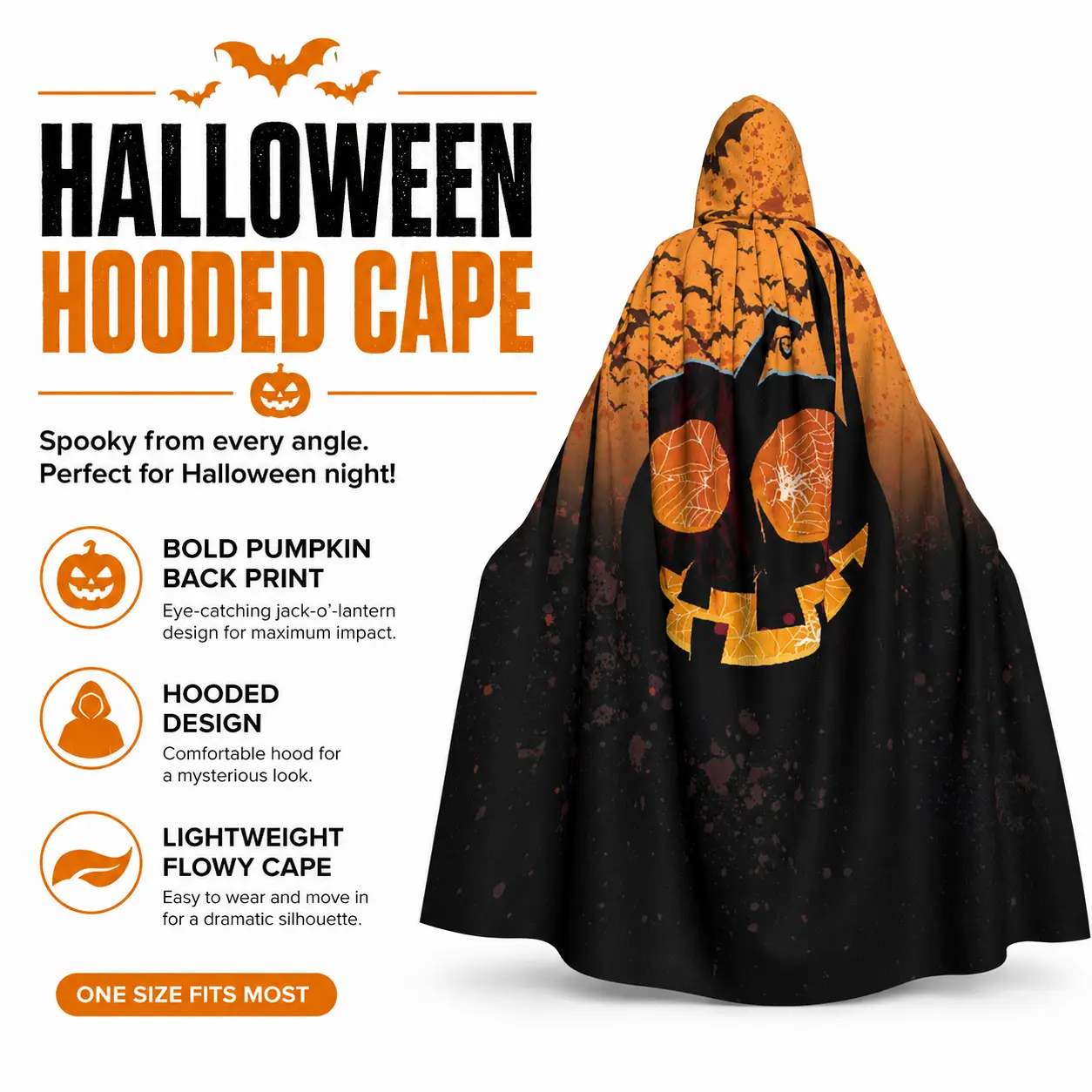 Halloween Pumpkin Cape Costume with Hood, Black and Orange Bat Print Cloak for Adults, Spooky Jack O Lantern Design Halloween Costume Outfit, Lightweight Flowing Hooded Cape for Costume Party, Haunted House, Cosplay, Stage Performance and Photo Shoot