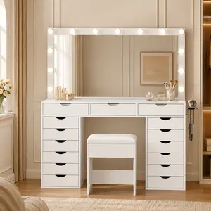 Makeup Vanity Desk Table with Lighted Mirror,Power Outlet and 9 Drawers,Come with Soft Cushioned Stool